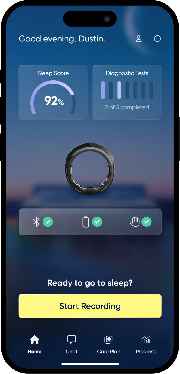 A smartphone app displays a sleep score of 92% and shows two out of three diagnostic tests completed. A button labeled Start Recording is at the bottom, with icons for settings and functions above it.